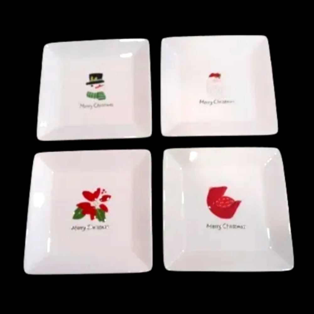 Christmas Cut-Outs 7.5" Square Holiday Desert Plates Santa Snowman 4 piece Set